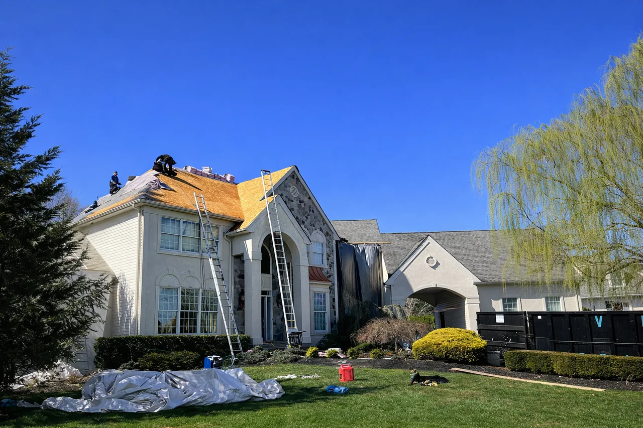 Step flashing repair where a brick chimney meets the roofline in Clifton NJ