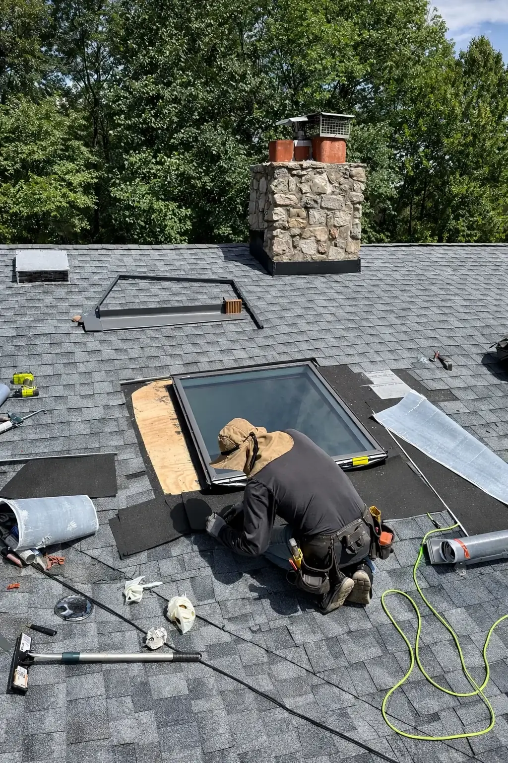 Worker installing a skylight in a gray shingle roof